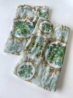 Pair of vintage 60s sheer floral curtains, green flower bouquets and medallions